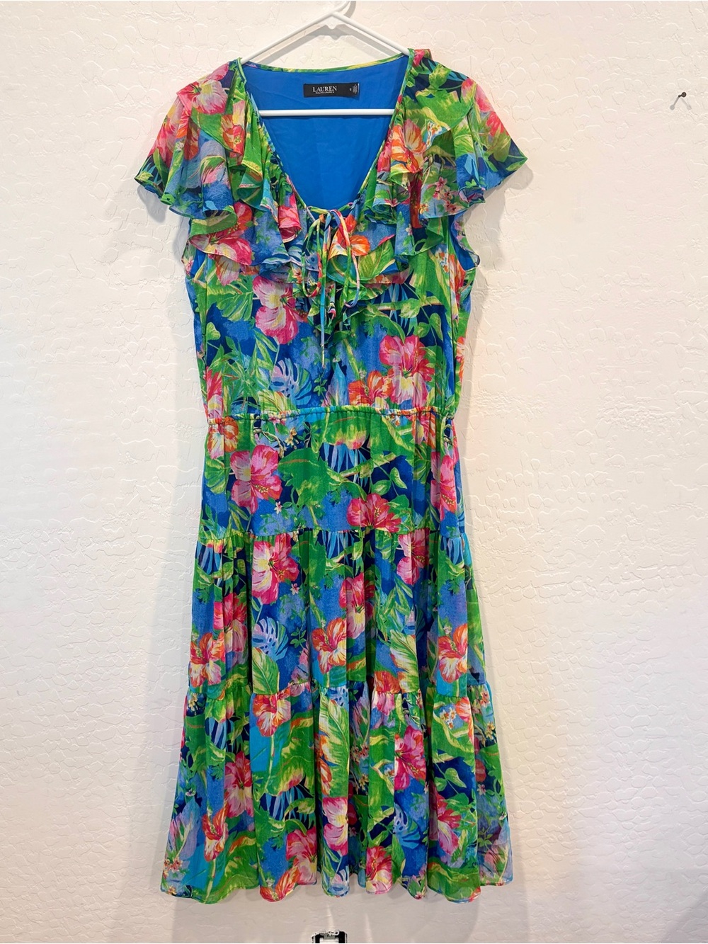 Lauren Ralph Lauren Floral Crinkle Georgette Tiered Dress Womens 12 Ruffles